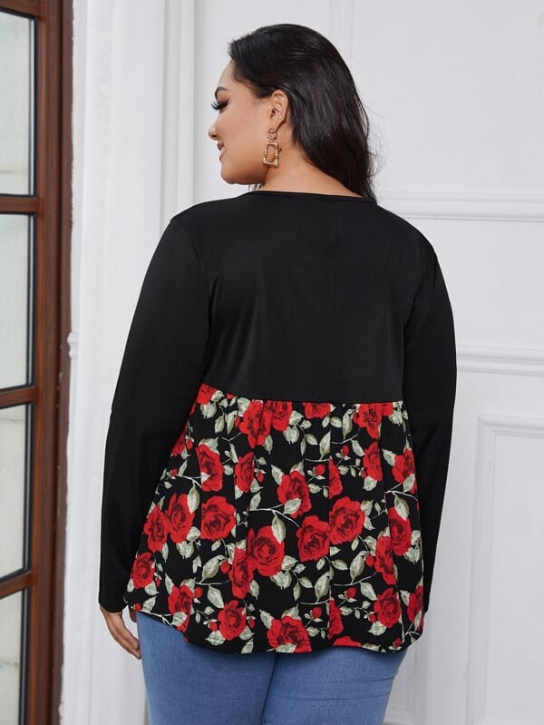 Shein Plus Floral Ruched Front Babydoll Tee F2C - PINK SHOP EG