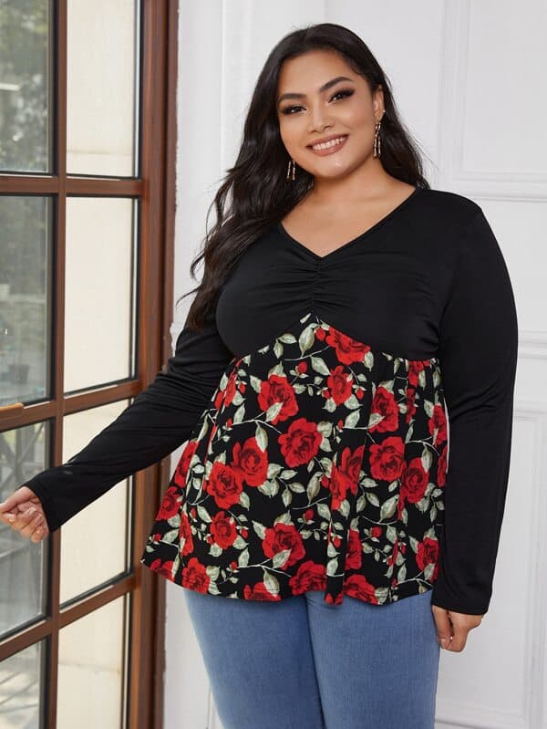 Shein Plus Floral Ruched Front Babydoll Tee F2C - PINK SHOP EG