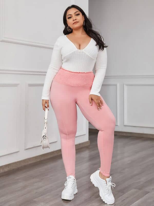 SHEIN Plus Frill Trim Shirred Waist Leggings F3A - PINK SHOP EG