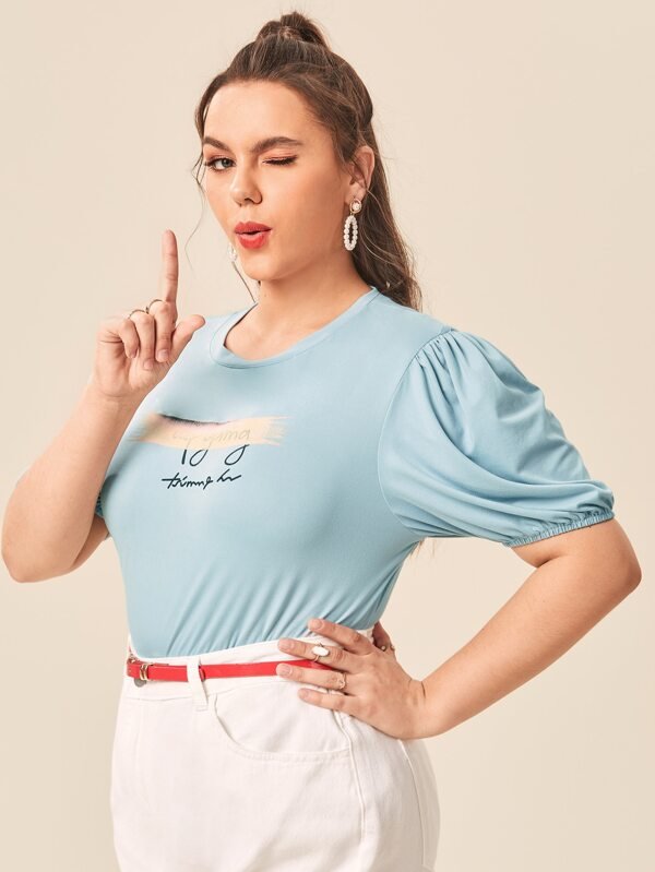Shein Plus Letter Graphic Puff Sleeve Tee F2C - PINK SHOP EG