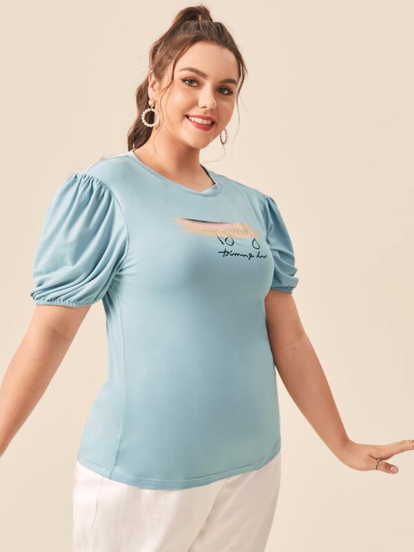 Shein Plus Letter Graphic Puff Sleeve Tee F2C - PINK SHOP EG