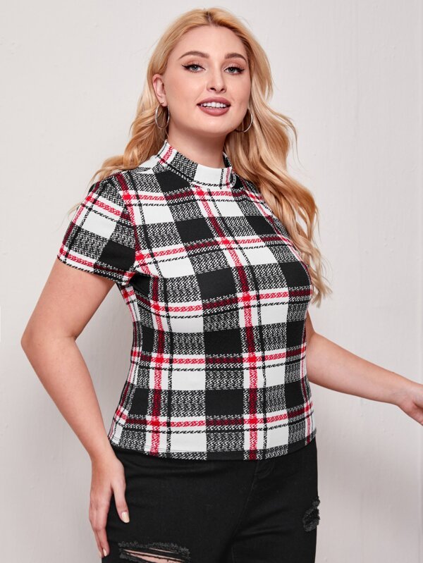 SHEIN Plus Mock Neck Plaid Tee F3B - PINK SHOP EG