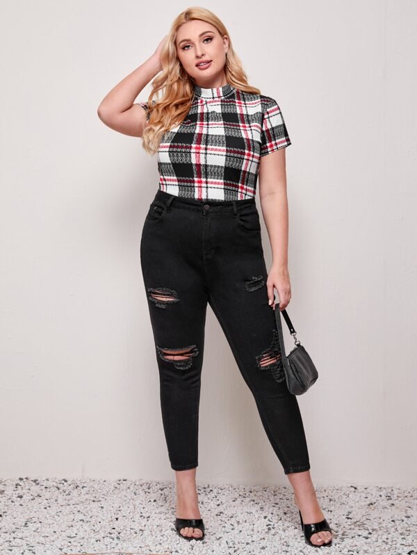 SHEIN Plus Mock Neck Plaid Tee F3B - PINK SHOP EG