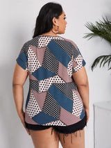 SHEIN Plus Patchwork Print Roll Up Sleeve Top F3C - PINK SHOP EG