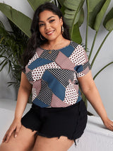 SHEIN Plus Patchwork Print Roll Up Sleeve Top F3C - PINK SHOP EG