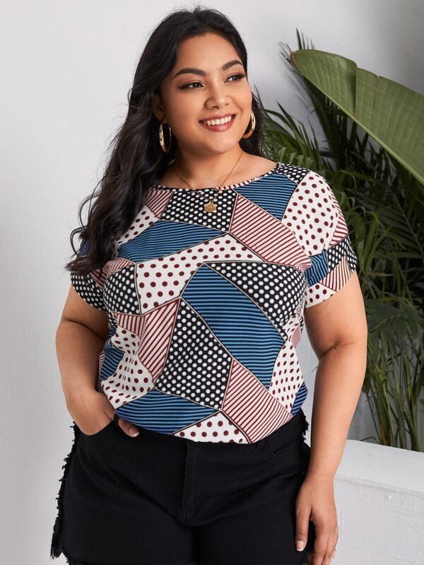 SHEIN Plus Patchwork Print Roll Up Sleeve Top F3C - PINK SHOP EG