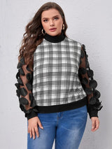 SHEIN Plus Plaid Applique Mesh Sleeve Sweatshirt F4B - PINK SHOP EG