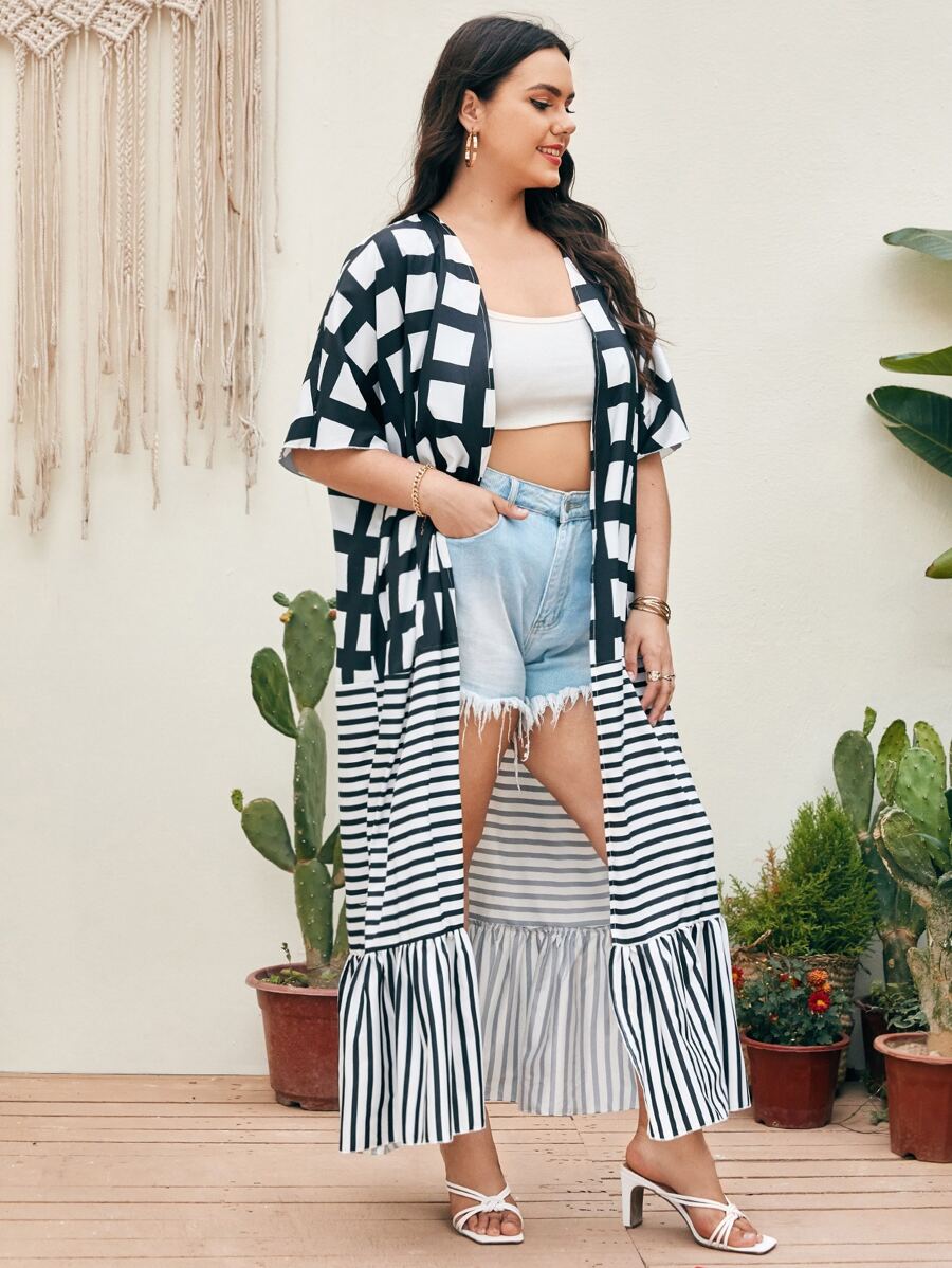SHEIN Plus Plaid & Striped Ruffle Hem Kimono C2B - PINK SHOP EG