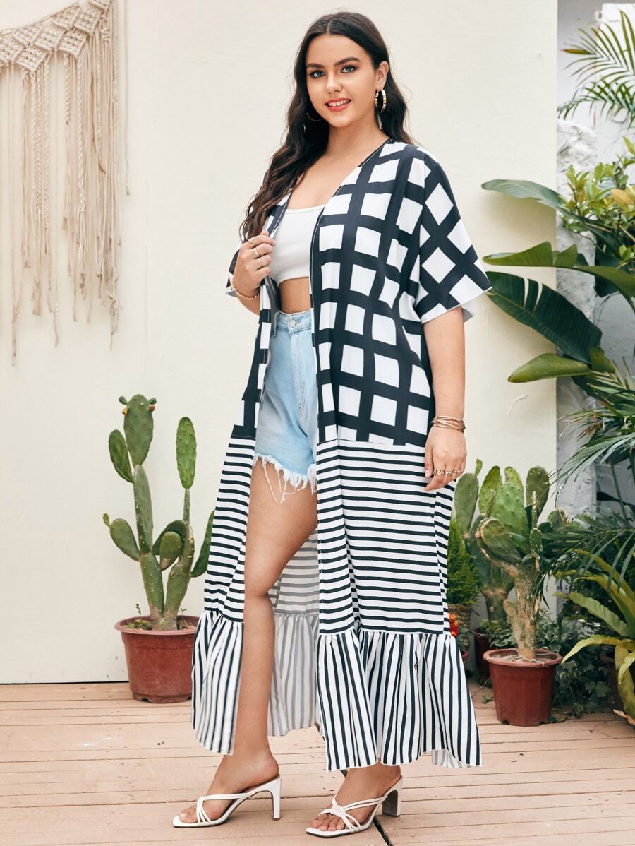 SHEIN Plus Plaid & Striped Ruffle Hem Kimono C2B - PINK SHOP EG