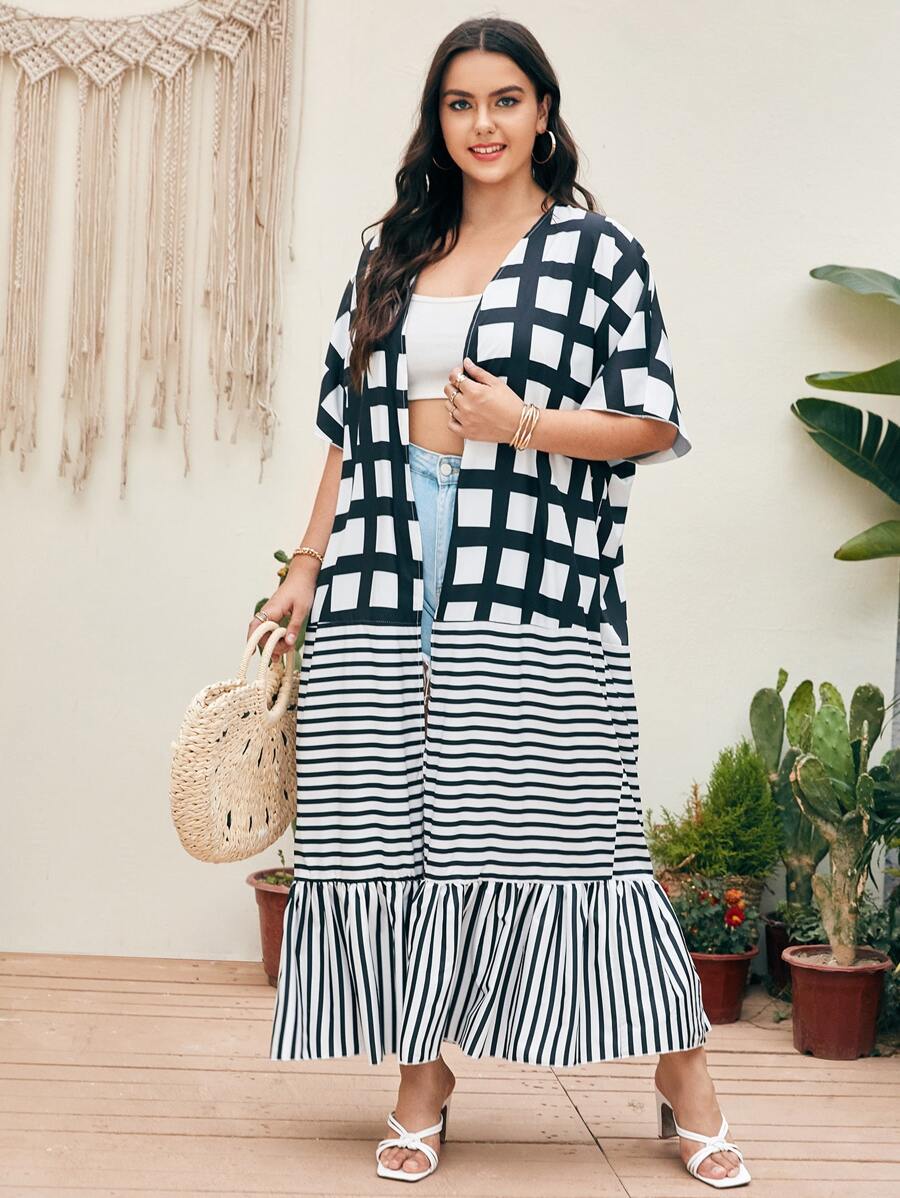 SHEIN Plus Plaid & Striped Ruffle Hem Kimono C2B - PINK SHOP EG