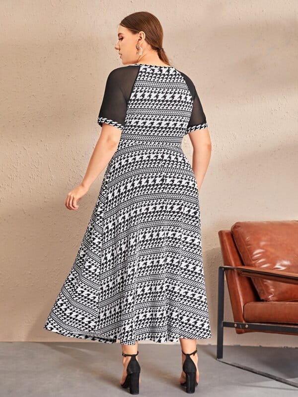 SHEIN Plus Sheer Mesh Insert Houndstooth Dress C3C - PINK SHOP EG