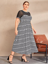 SHEIN Plus Sheer Mesh Insert Houndstooth Dress C3C - PINK SHOP EG
