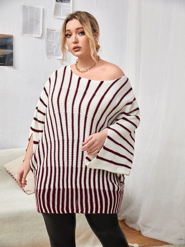 SHEIN Plus Striped Pattern Batwing Sleeve Sweater F3B - PINK SHOP EG
