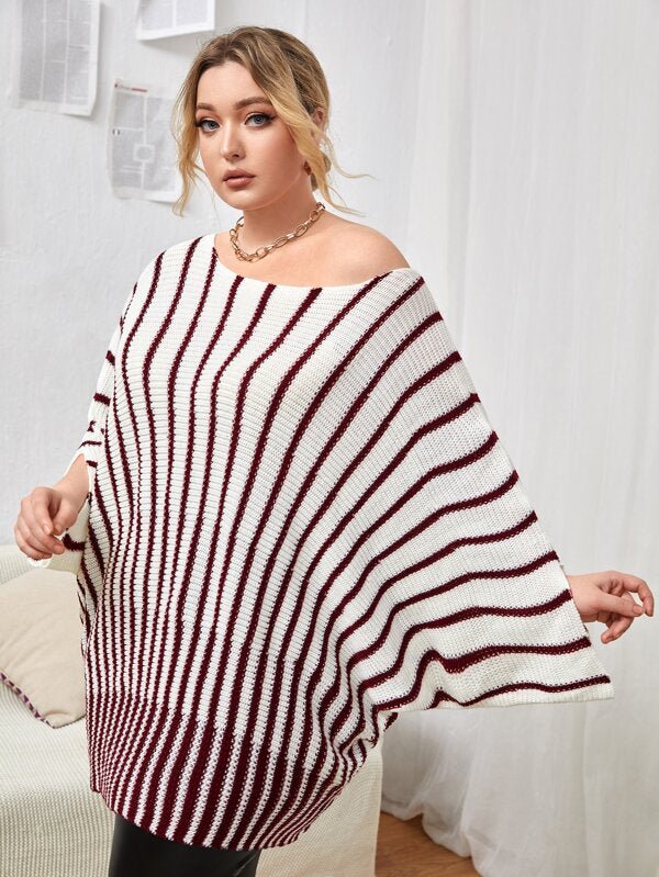 SHEIN Plus Striped Pattern Batwing Sleeve Sweater F3B - PINK SHOP EG