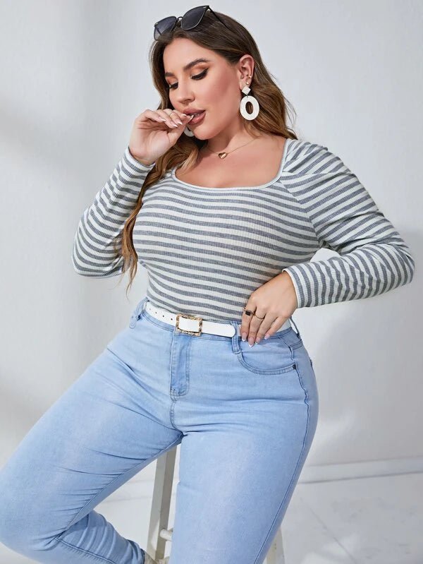 Shein Plus Striped Scoop Neck Tee F2A - PINK SHOP EG