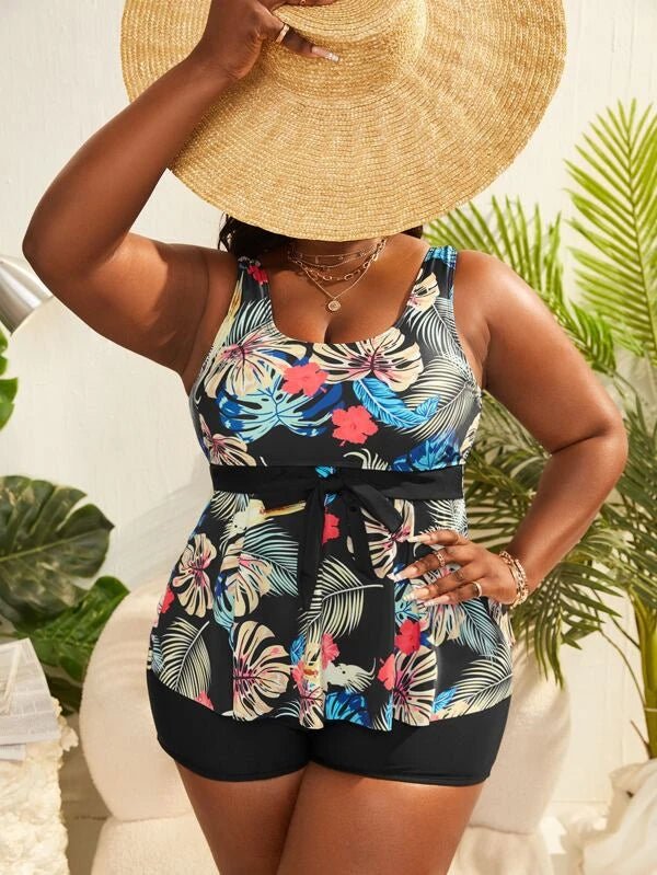 Shein Plus Tropical Print Knot Front Bikini Swimsuit E2 - PINK SHOP EG