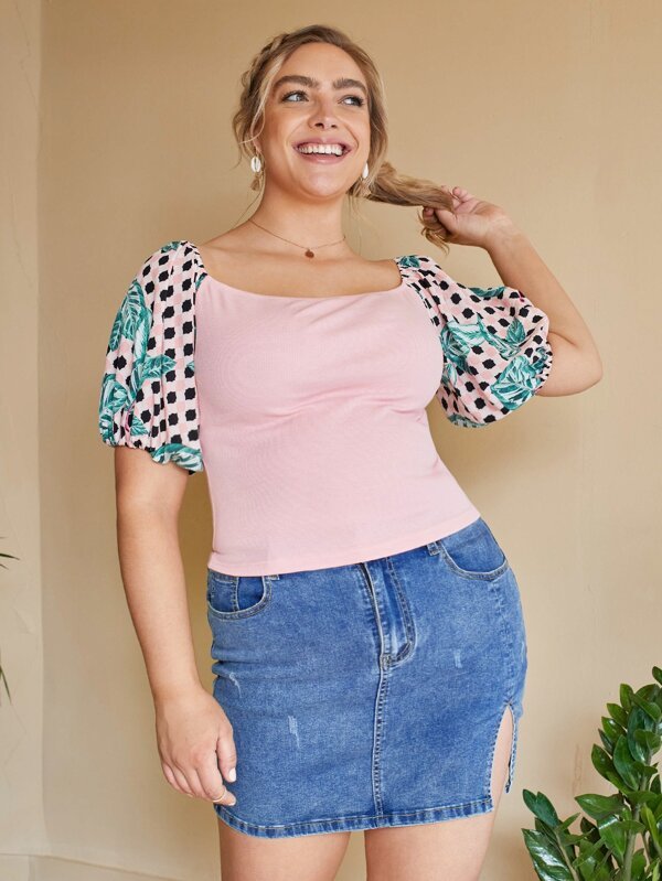 SHEIN Plus Tropical Puff Sleeve Rib - knit Top F4A - PINK SHOP EG