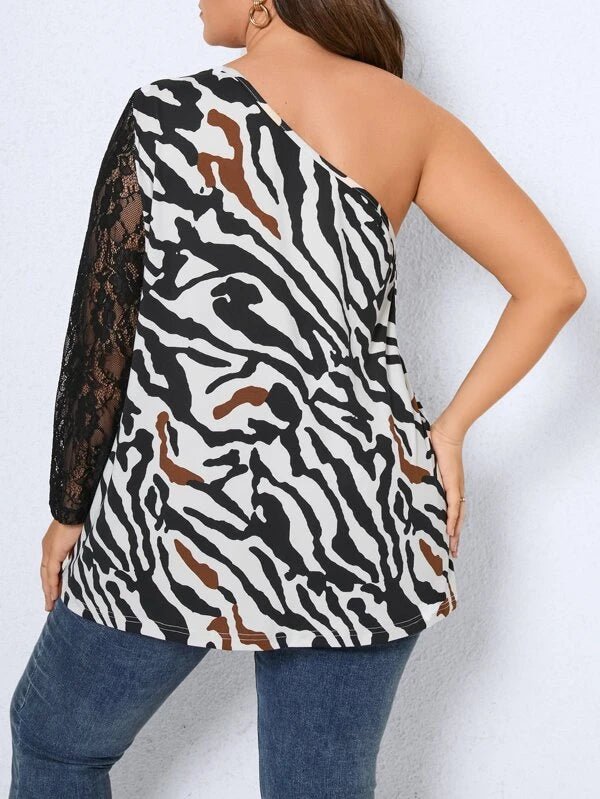 Shein Plus Zebra Striped Contrast Lace One Shoulder Top F2B - PINK SHOP EG