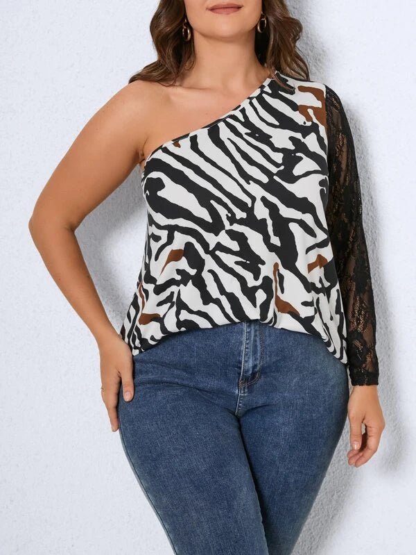 Shein Plus Zebra Striped Contrast Lace One Shoulder Top F2B - PINK SHOP EG