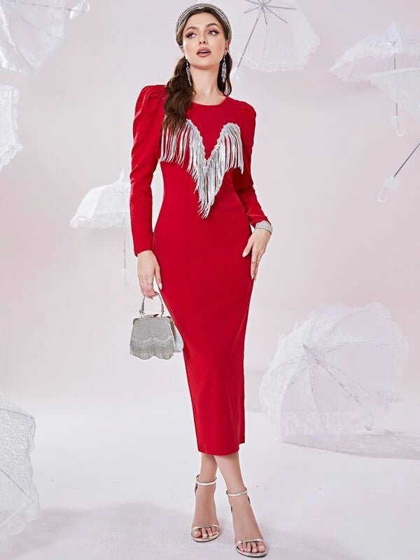 Shein Puff Sleeve Fringe Trim Slit Back Bodycon Dress C5B - PINK SHOP EG