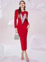 Shein Puff Sleeve Fringe Trim Slit Back Bodycon Dress C5B - PINK SHOP EG