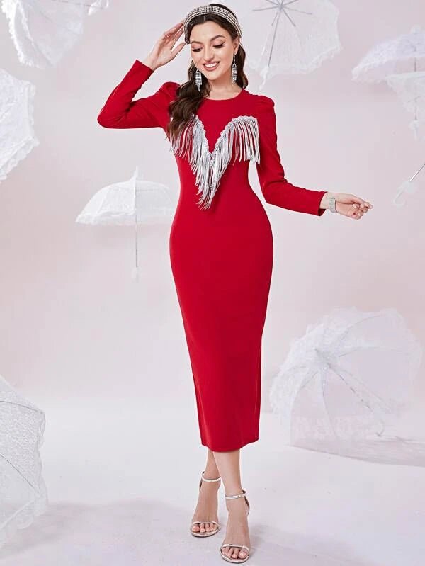 Shein Puff Sleeve Fringe Trim Slit Back Bodycon Dress C5B - PINK SHOP EG