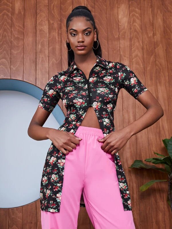 SHEIN Random Allover Floral Print Slit Front Blouse A2A - PINK SHOP EG
