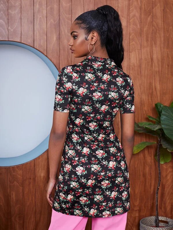 SHEIN Random Allover Floral Print Slit Front Blouse A2A - PINK SHOP EG