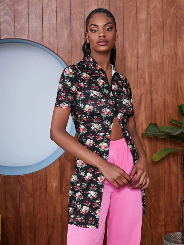 SHEIN Random Allover Floral Print Slit Front Blouse A2A - PINK SHOP EG