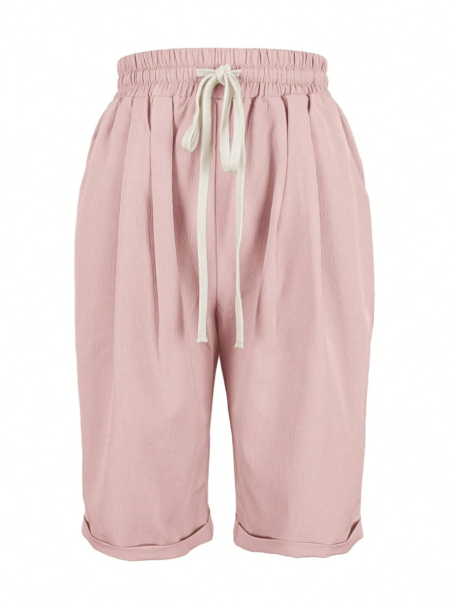 SHEIN Shorts Women Solid Color Drawstring Waist D1B - PINK SHOP EG