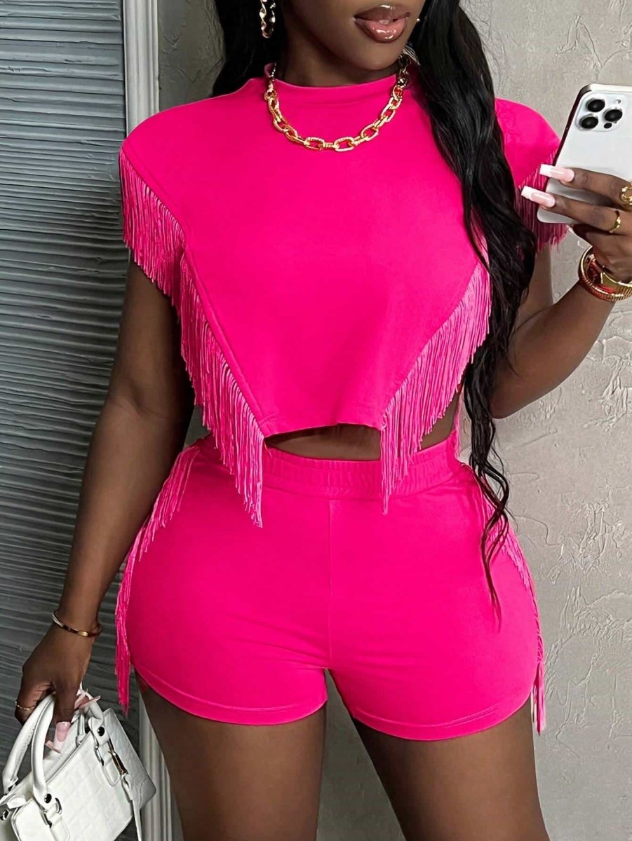 SHEIN Slayr Casual Basic Beach Holiday Round Neck Fringed Short C2B - PINK SHOP EG