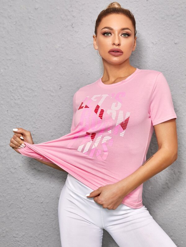Shein Slogan Graphic Sports Tee A1B - PINK SHOP EG