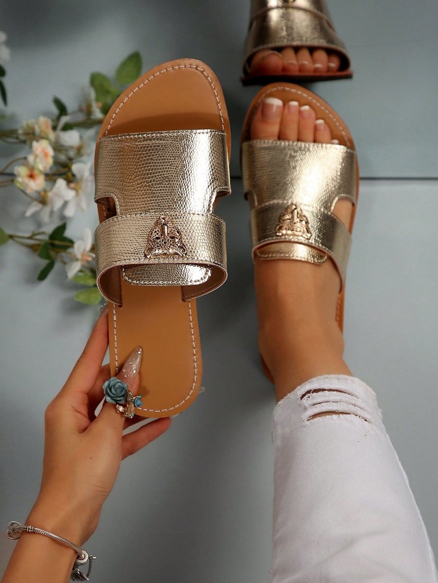 SHEIN Summer Fashion Tiger Head Buckle Decor Flat Open Toe Slip On Sandals - PINK SHOP EG