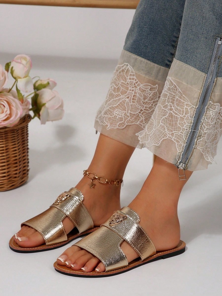 SHEIN Summer Fashion Tiger Head Buckle Decor Flat Open Toe Slip On Sandals - PINK SHOP EG