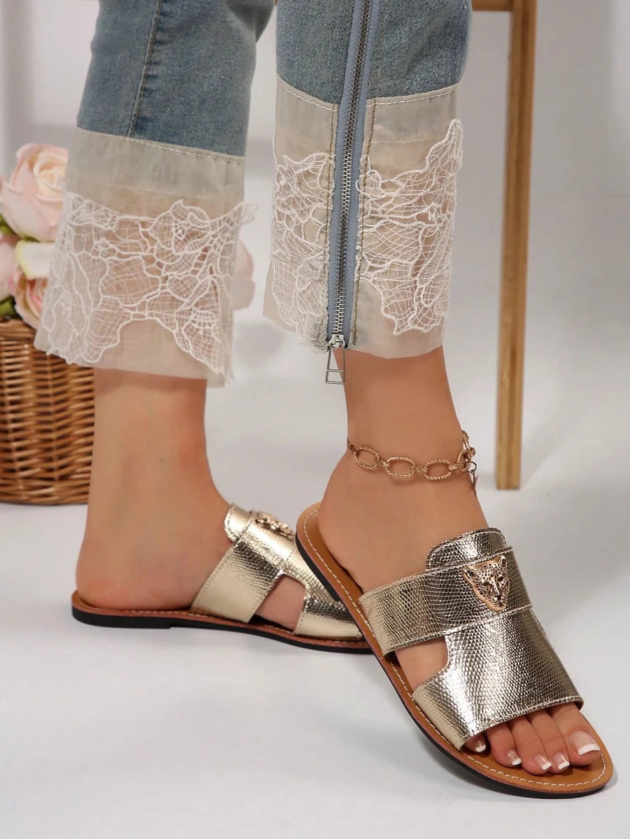 SHEIN Summer Fashion Tiger Head Buckle Decor Flat Open Toe Slip On Sandals - PINK SHOP EG