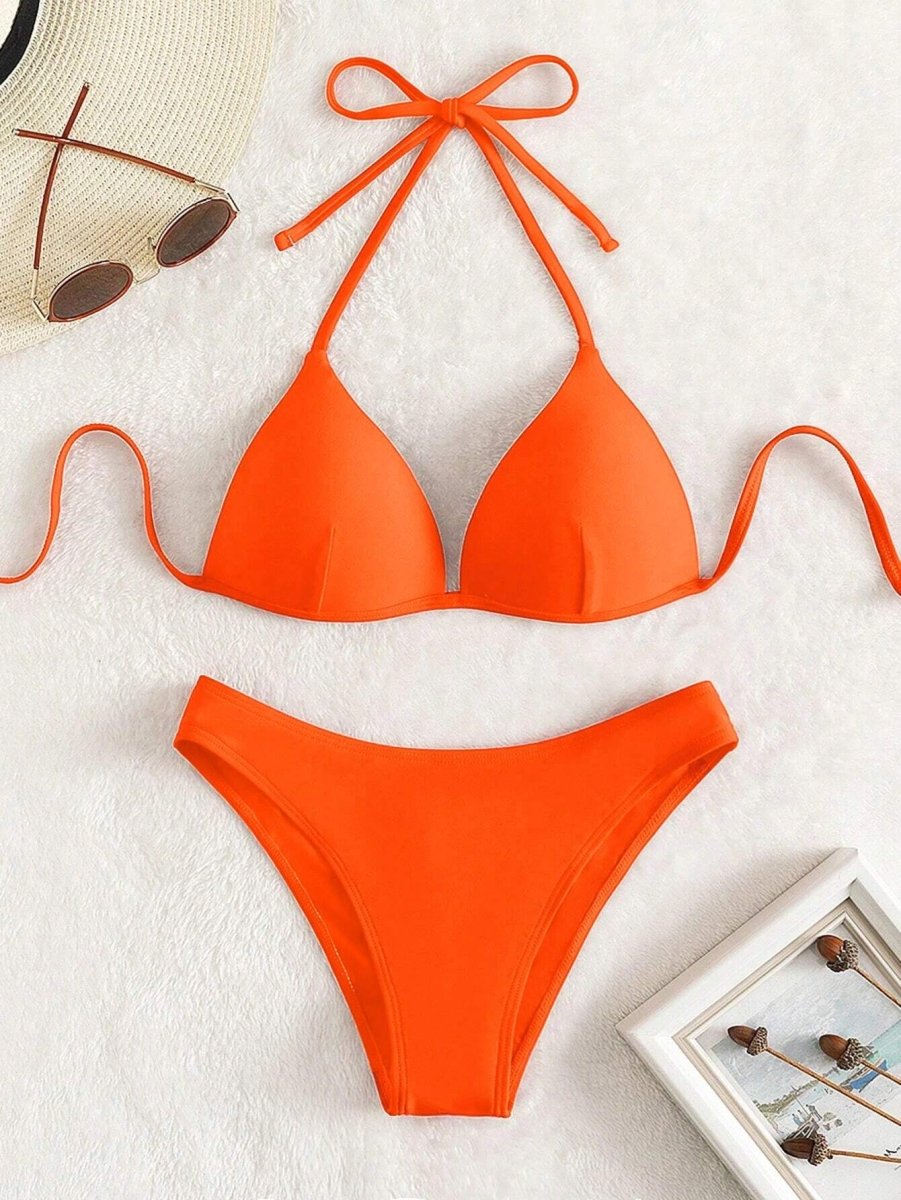 SHEIN Swim Basics Women Summer Beach Solid Halter Simple E1 - PINK SHOP EG