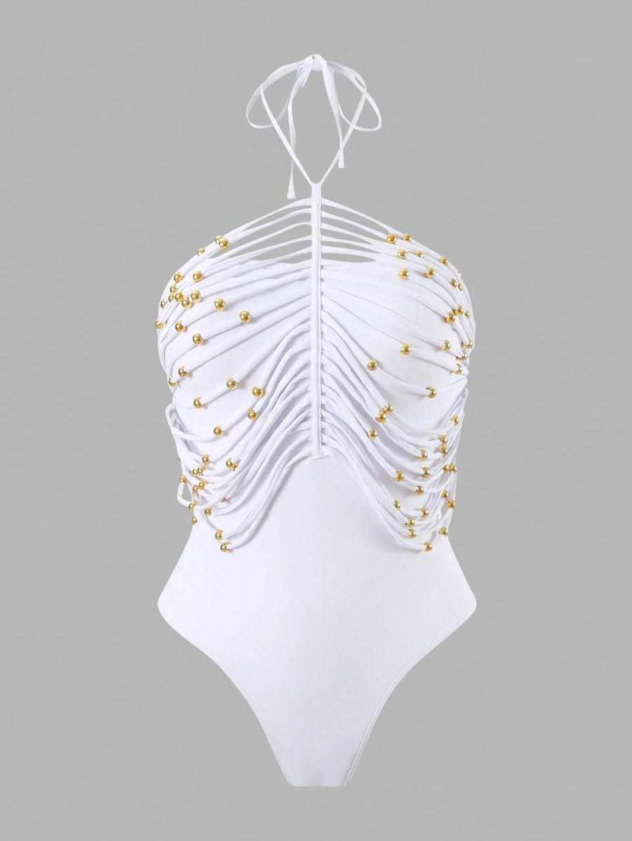 SHEIN Swim Chiccia Crew Neck, Halter Style, White Hollow Out E1 - PINK SHOP EG