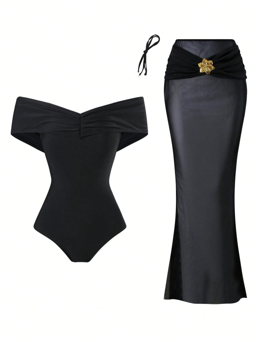 SHEIN Swim Oasis 2 Pieces Set Off Shoulder Solid - PINK SHOP EG