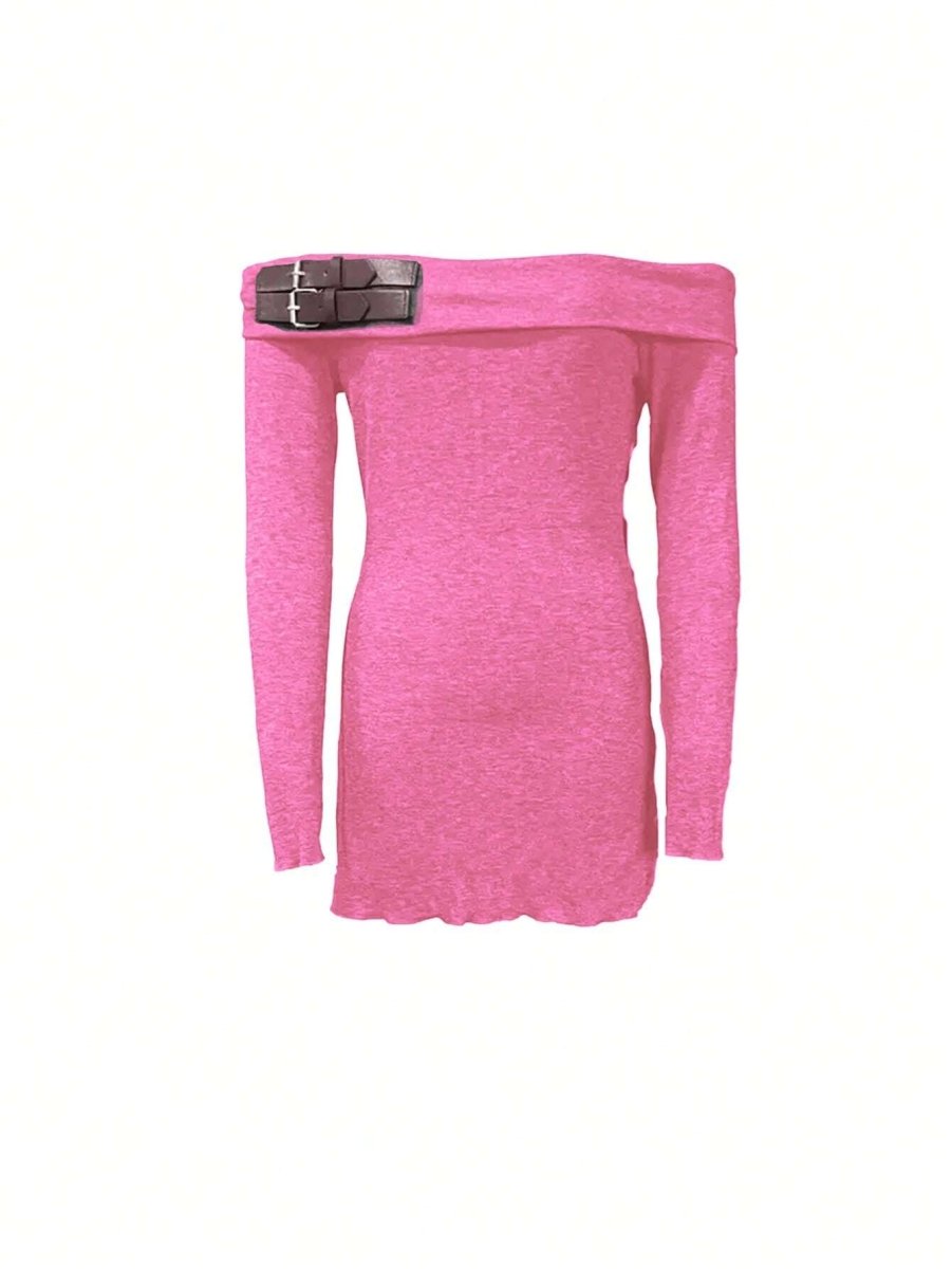 SHEIN SXY 1pc Women's Casual Solid Color Off - Shoulder Mini Dress C5C - PINK SHOP EG