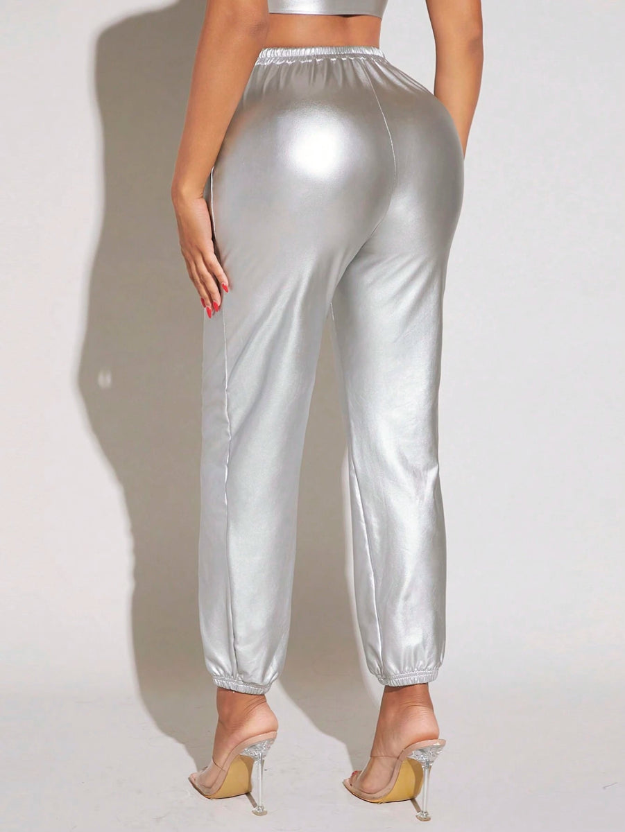 SHEIN SXY Drawstring Waist Metallic Pants D1C - PINK SHOP EG