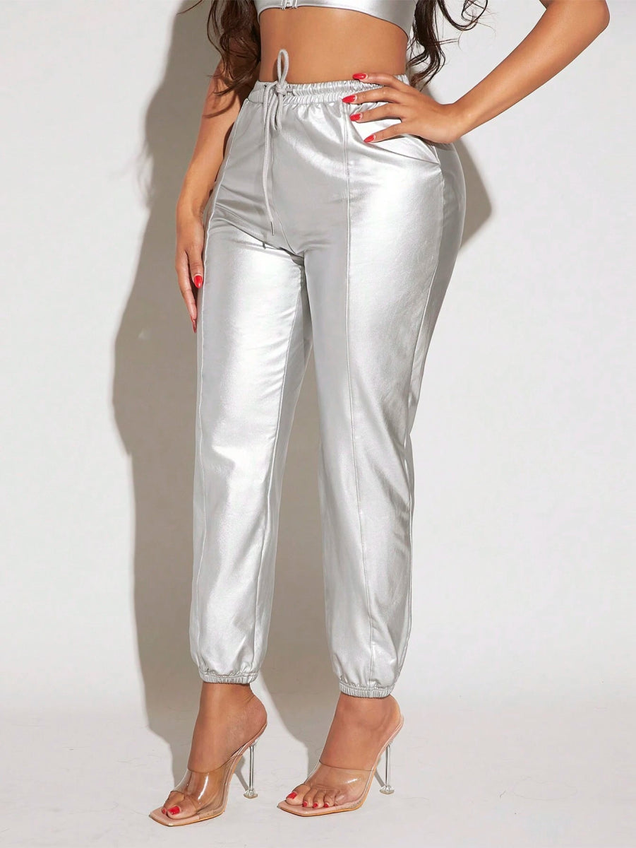 SHEIN SXY Drawstring Waist Metallic Pants D1C - PINK SHOP EG