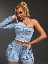 SHEIN SXY One Shoulder Denim Jacket, Frayed Edge & Pocket Design A5B - PINK SHOP EG