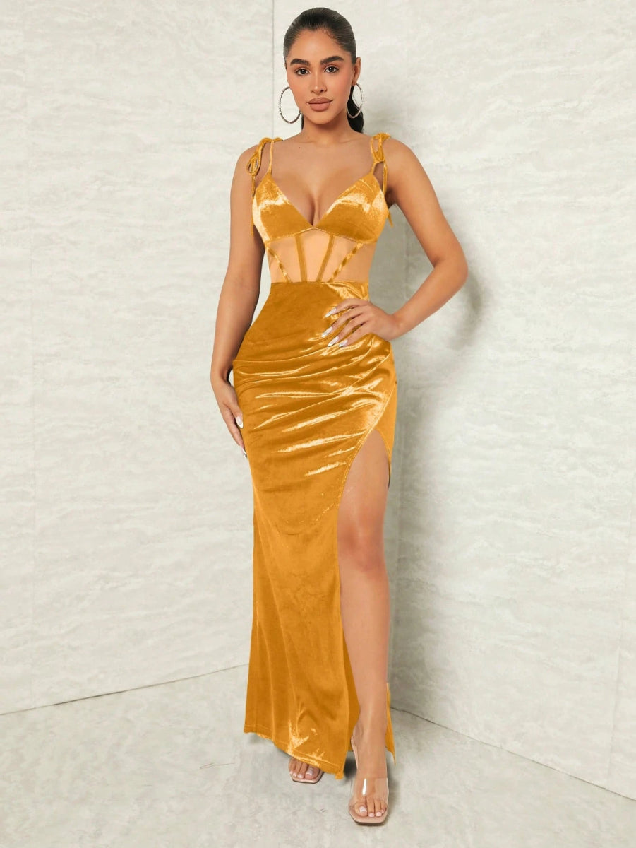 SHEIN SXY Prom Dress Women's Elegant Mesh Contrast High Slit C3B - PINK SHOP EG