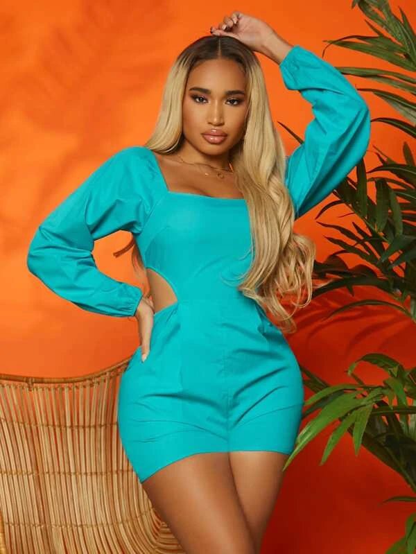SHEIN SXY Square Neck Cut Out Waist Romper C6C - PINK SHOP EG