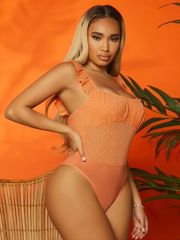 SHEIN SXY Square Neck Shirred Frill Mesh Bodysuit A2C - PINK SHOP EG