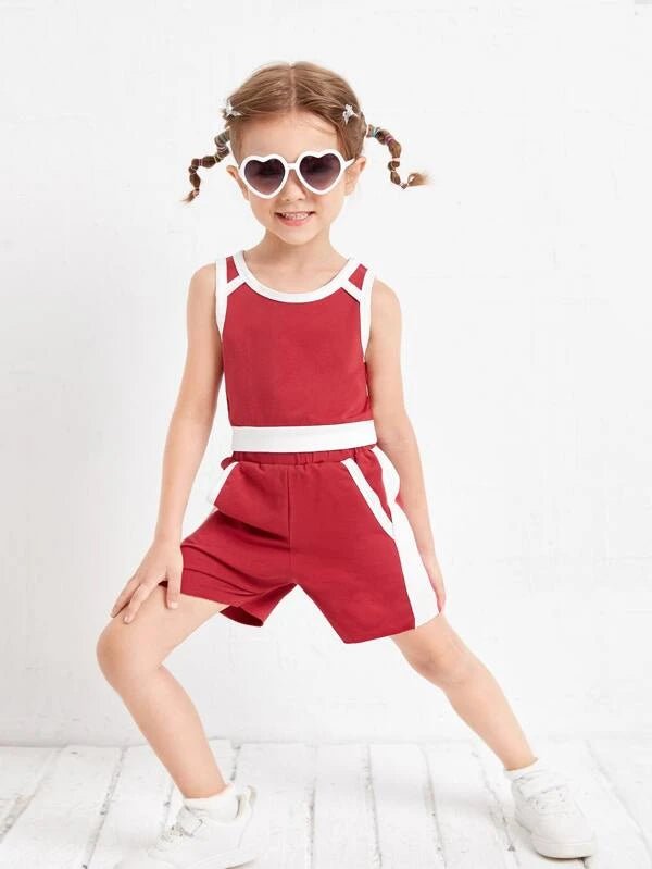 SHEIN Toddler Girls Colorblock Tank Top With Track Shorts K2B - PINK SHOP EG