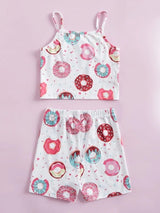 SHEIN Toddler Girls Donut Print Cami Top & Shorts K4C - PINK SHOP EG