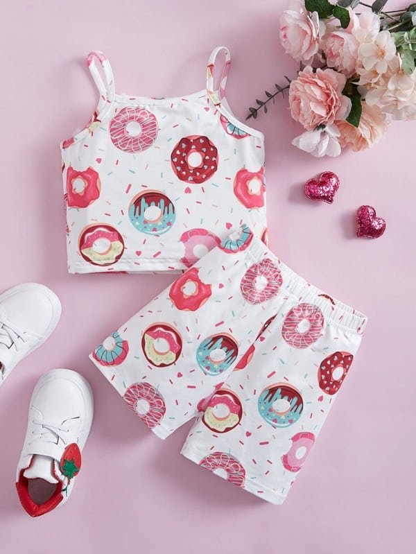 SHEIN Toddler Girls Donut Print Cami Top & Shorts K4C - PINK SHOP EG