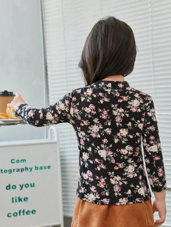 SHEIN Toddler Girls Floral Print Mock Neck Tee K5A - PINK SHOP EG