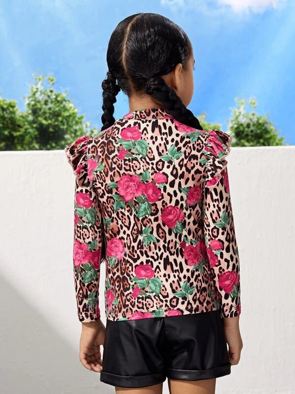 SHEIN Toddler Girls Leopard & Floral Print Ruffle Trim Tee K6B - PINK SHOP EG